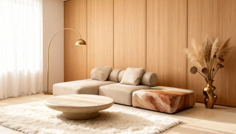 Диван зі спинкою Exotiq Beige with Color STROKE у теплому інтер’єрі
