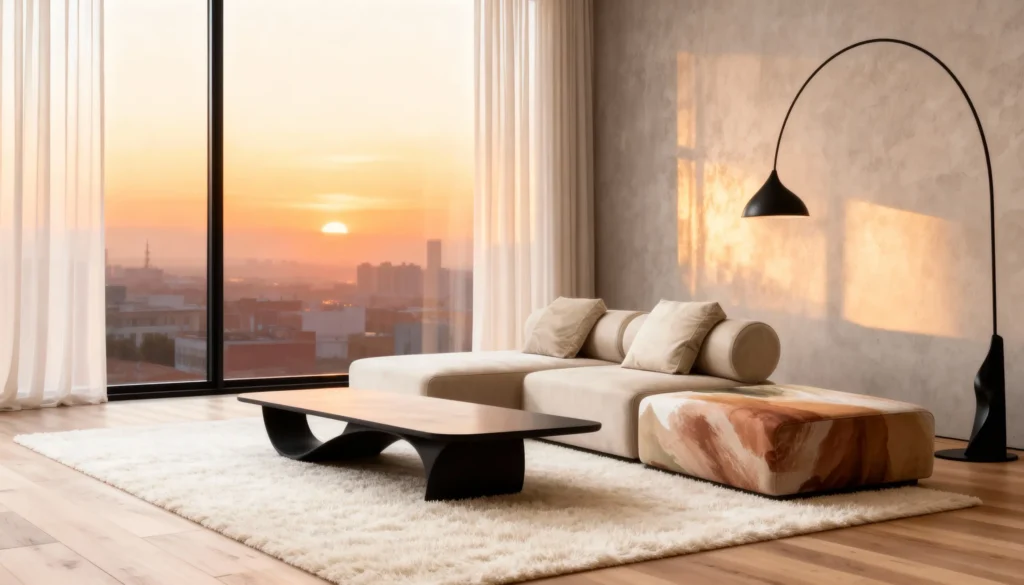 Сучасний модульний диван Exotiq Beige with Color STROKE з арт-модулем у світлі заходу