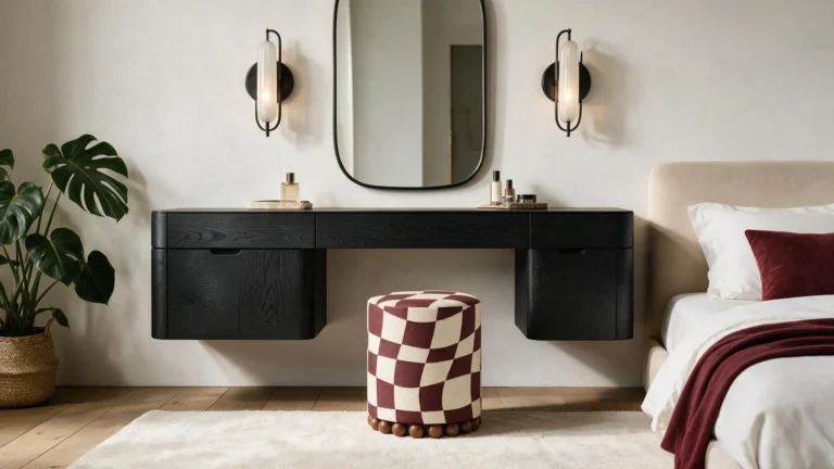 Пуф з бордово-білим принтом біля чорного туалетного столика в сучасній спальні