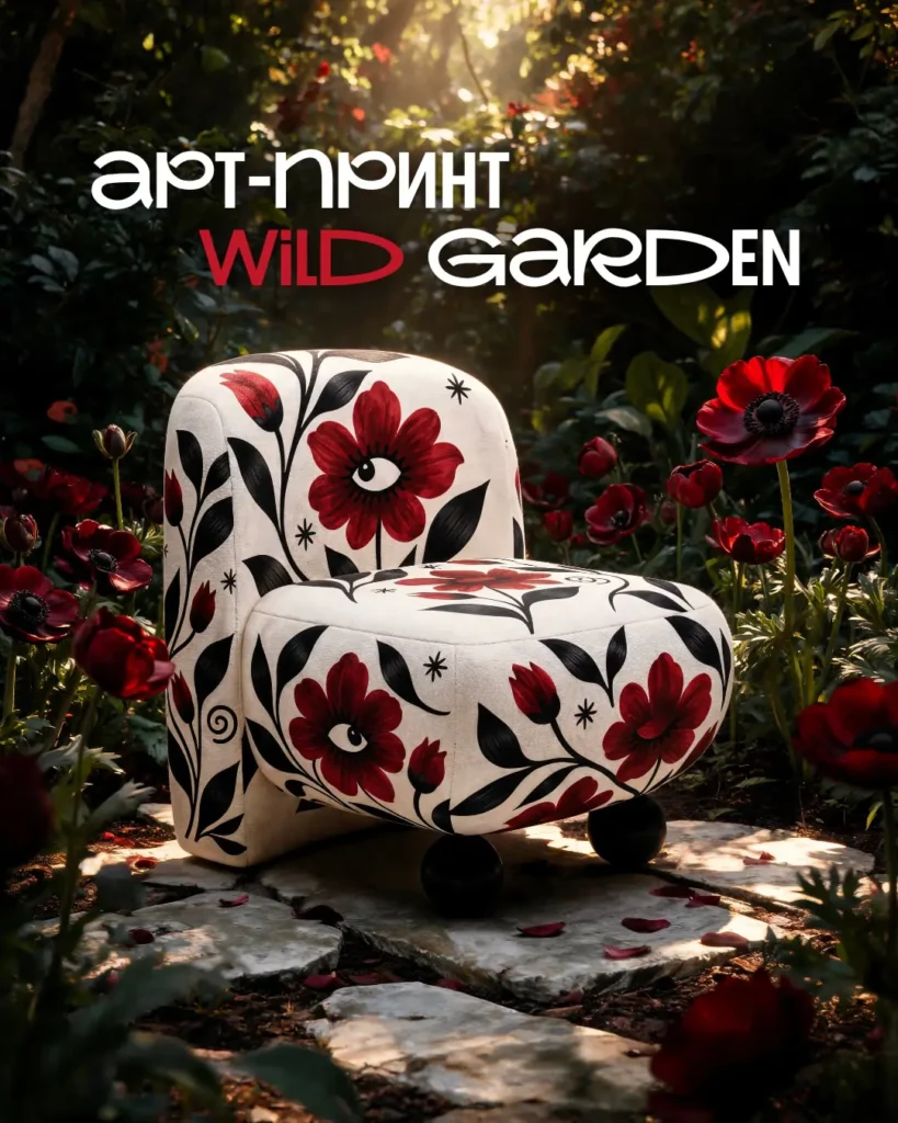 Крісло з квітковим принтом Wild Garden у темному саду з бордовими квітами